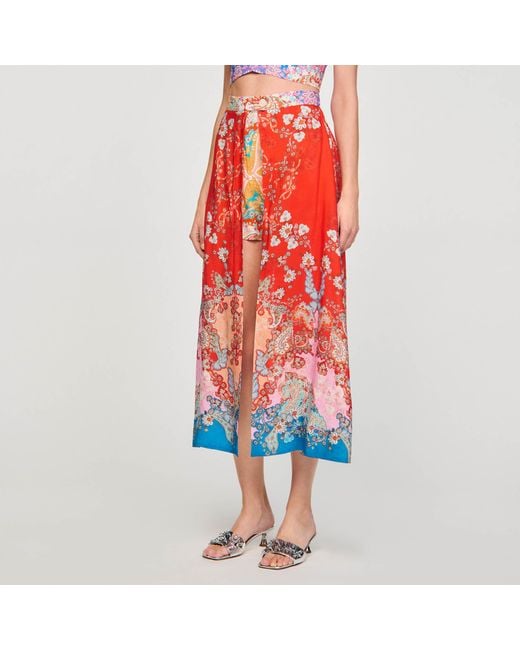 Sandro Red Skirt With Long Illusion Panel