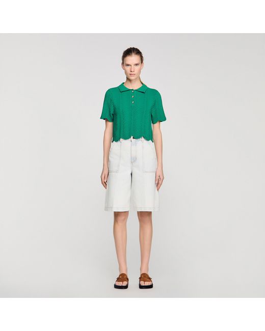Sandro Green Decorative Knit Polo-Neck Jumper