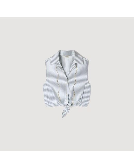 Sandro White Cropped Striped Rhinestone Shirt