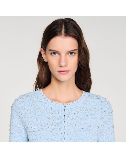 Sandro Blue Cropped Pearled Cardigan
