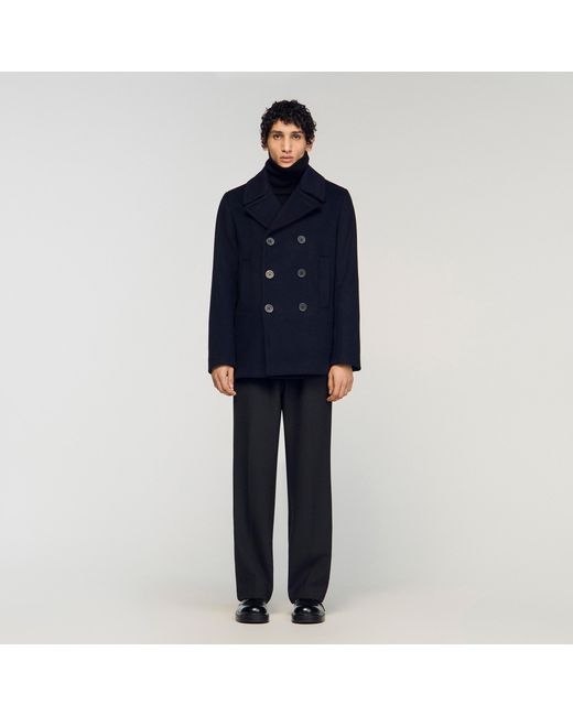 Sandro Blue Wool Pea Coat for men