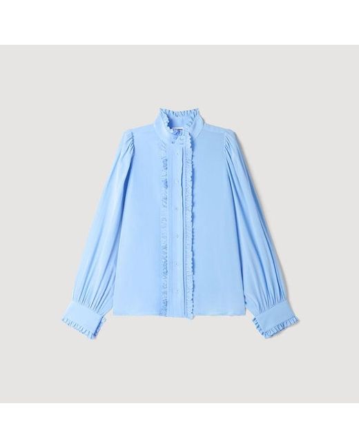 Sandro Blue Silk Shirt With Gathered Collar
