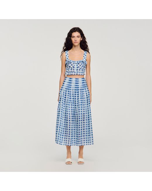 Sandro Blue Long Gingham Linen Skirt