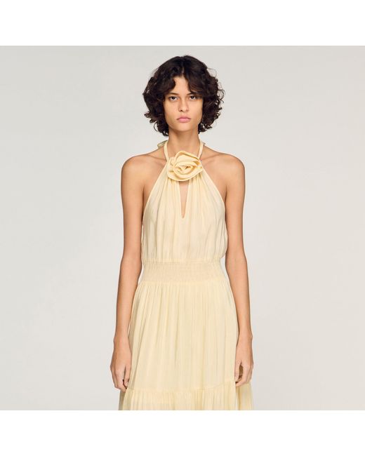 Sandro Natural Linen Maxi Dress With Flower Detail