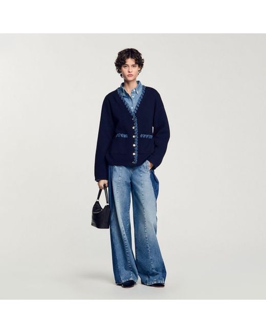 Sandro Blue Cardigan With Denim Details