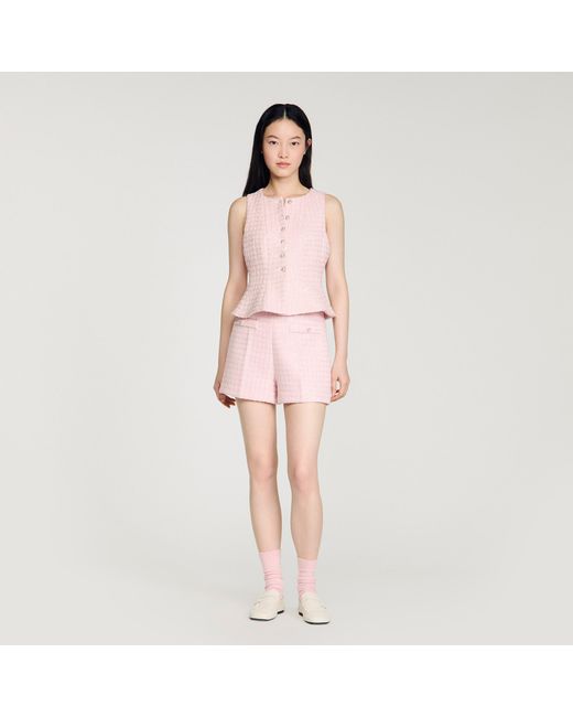 Sandro Pink Sequin Check Tweed Shorts