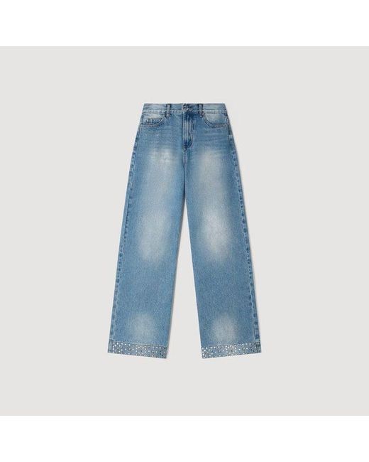 Sandro Blue Straight Rhinestone Cotton Jeans