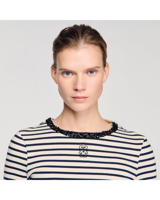 Sandro Blue Short Striped Tee With Pearl Collar