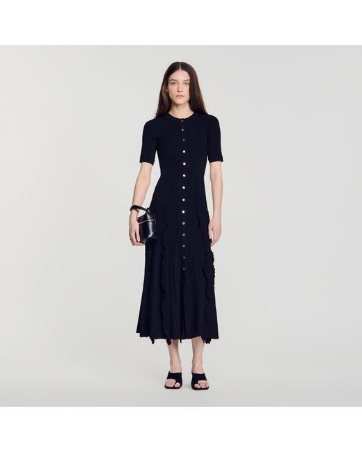 Sandro Blue Knit Maxi Dress With Ruffles