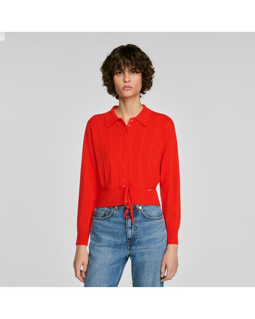 Sandro Red Pointelle Knit Cardigan