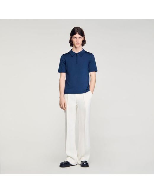 Sandro Blue Knitted Polo Shirt With Zip Collar for men