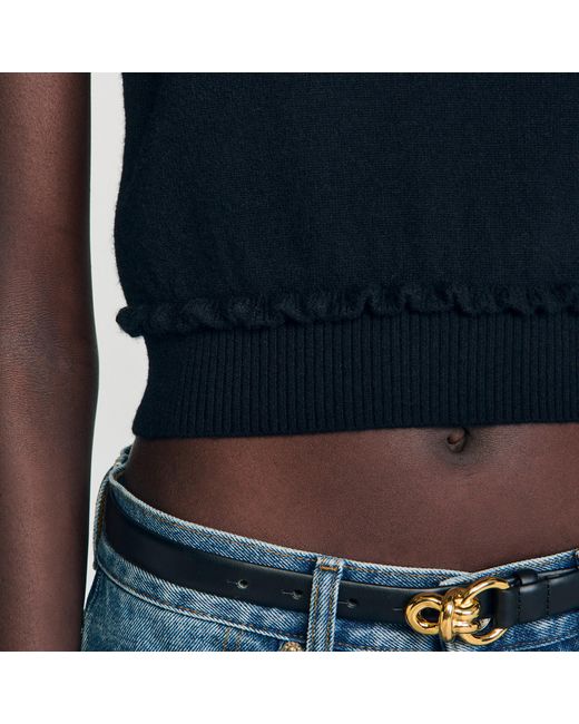 Sandro Blue Ruffled Cropped Jumper