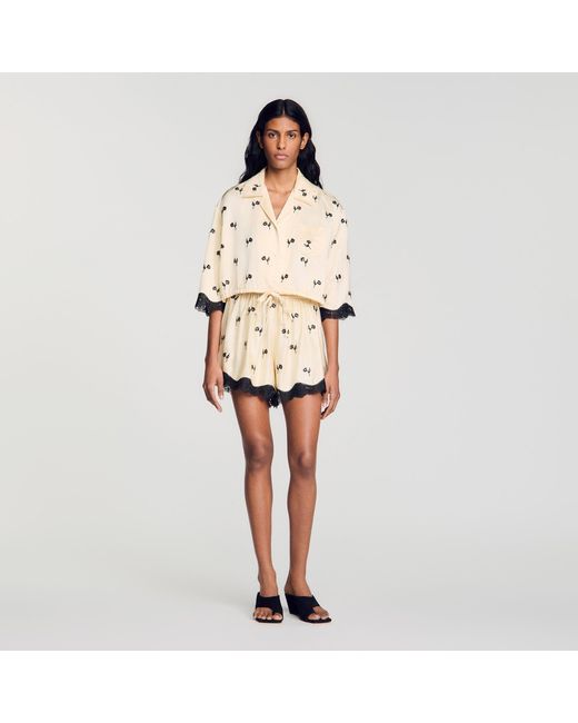 Sandro Natural Cropped Floral Embroidered Shirt