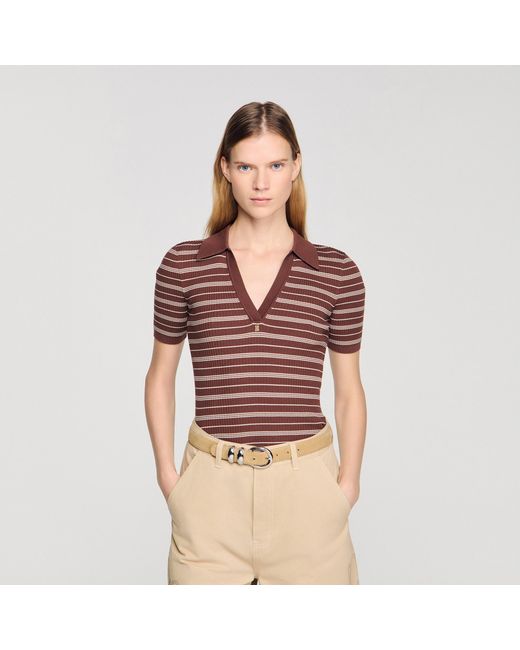 Sandro Natural Striped V-Neck Polo Jumper