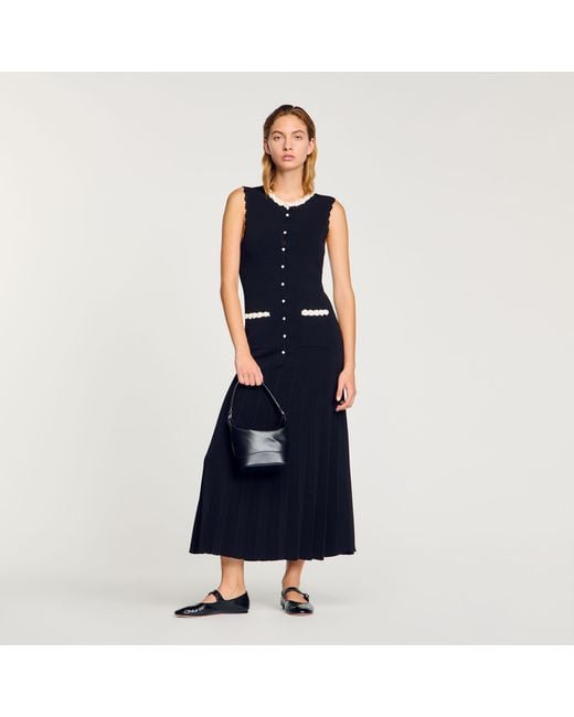 Sandro Blue Long Dress With Crochet Detailing
