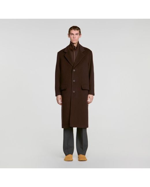 Sandro Brown Long Wool And Cashmere Coat for men