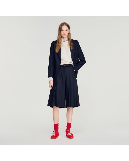 Sandro Blue Long Pleated Wool Shorts