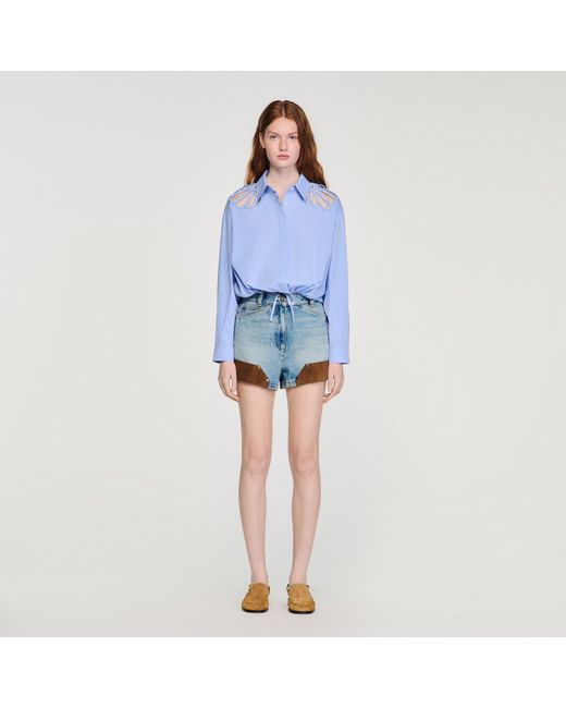 Sandro Blue Embroidered Cotton Shirt