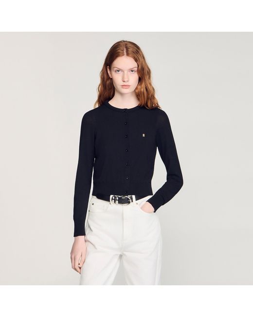 Sandro Blue Cropped Padded Round Neck Cardigan