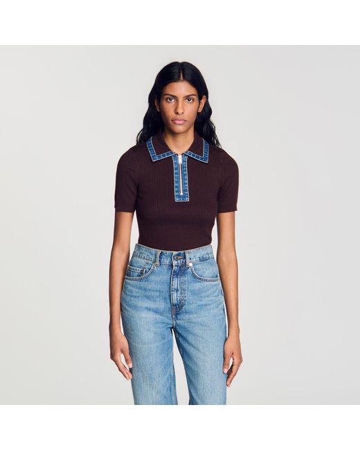 Sandro Blue Polo Sweater With Denim Collar