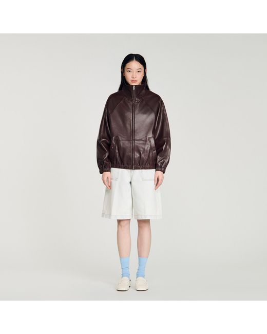 Sandro Brown Oversized Zip-Up Leather Jacket