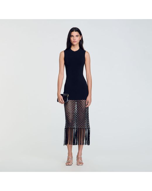 Sandro Blue Fringed Knit Dress