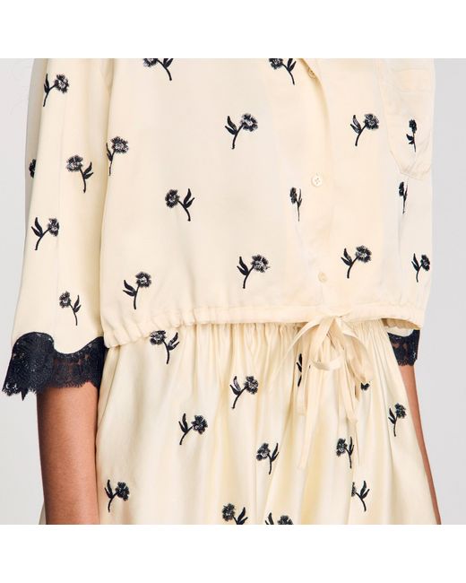 Sandro Natural Cropped Floral Embroidered Shirt