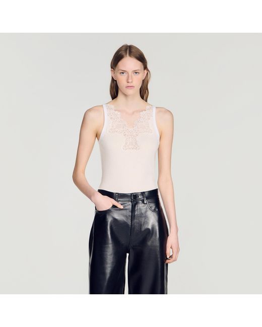 Sandro Blue Ribbed Vest Top With Lace