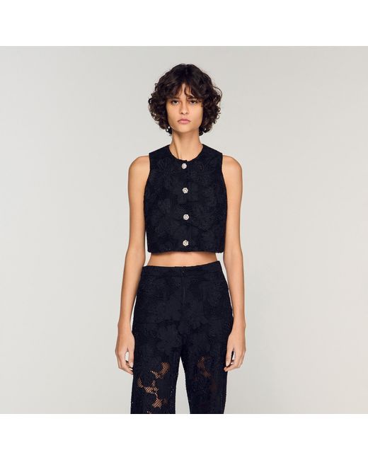 Sandro Blue Embroidered Guipure Crop Top