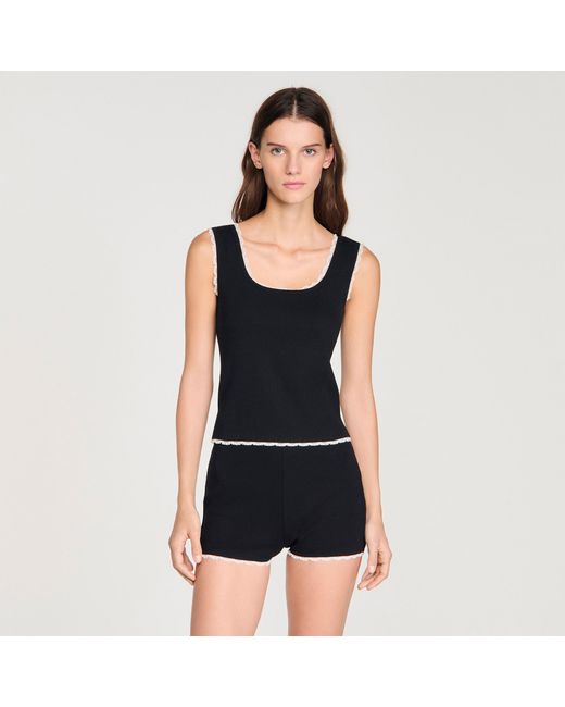 Sandro Black Beaded Embroidered Cotton Vest Top