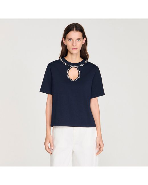 Sandro Blue Rhinestone Openwork T-Shirt