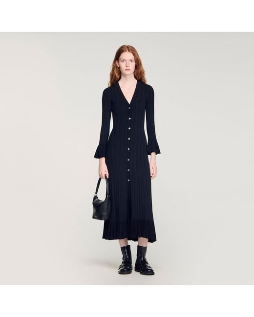 Sandro Blue Knit Maxi Dress With Ruffle