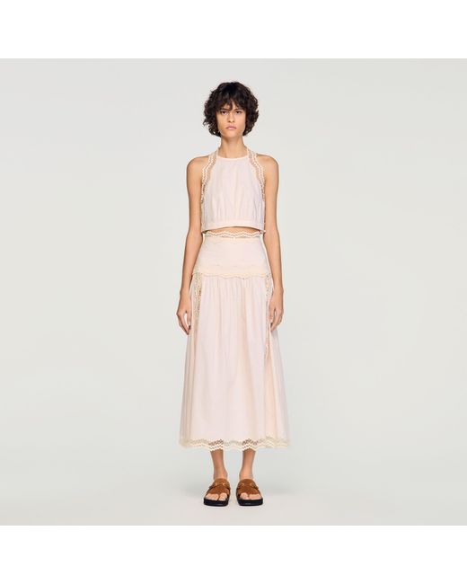 Sandro Pink Cotton Crop Top With Lace Trim