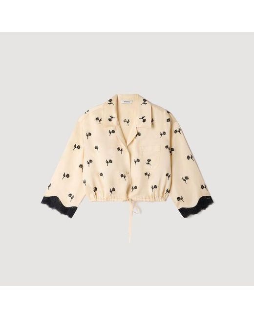 Sandro Natural Cropped Floral Embroidered Shirt