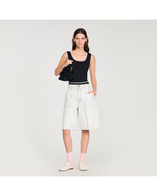 Sandro Black Beaded Embroidered Cotton Vest Top