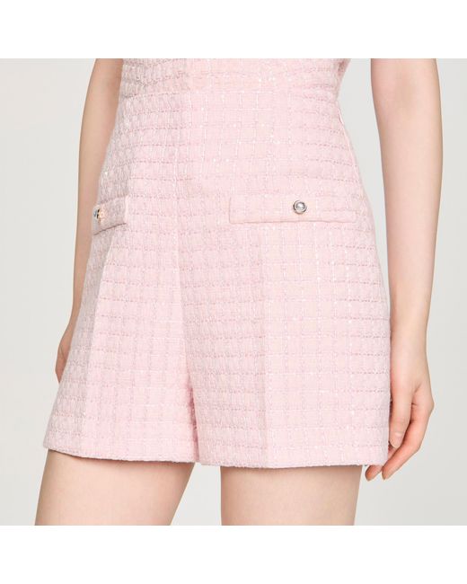 Sandro Pink Sequin Check Tweed Shorts