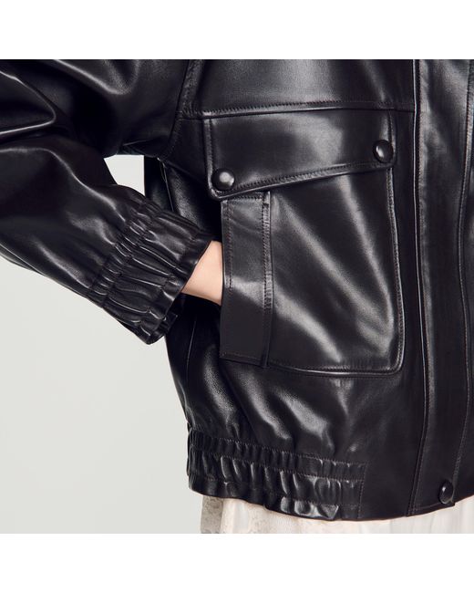 Sandro Black Standing Collar Leather Jacket