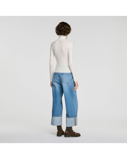 Sandro Blue Ruffled Turtleneck Wool Sweater