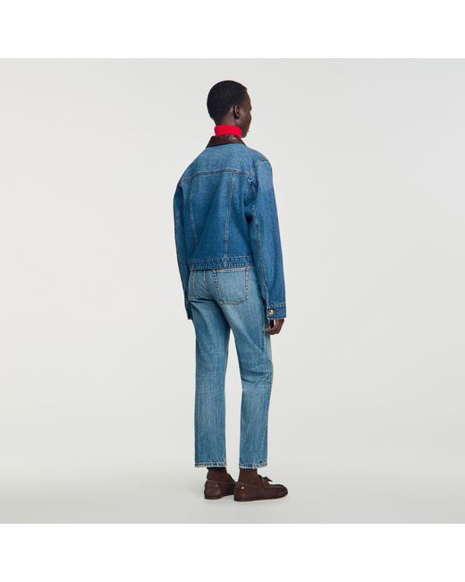 Sandro Blue Denim Jacket With Leather Collar