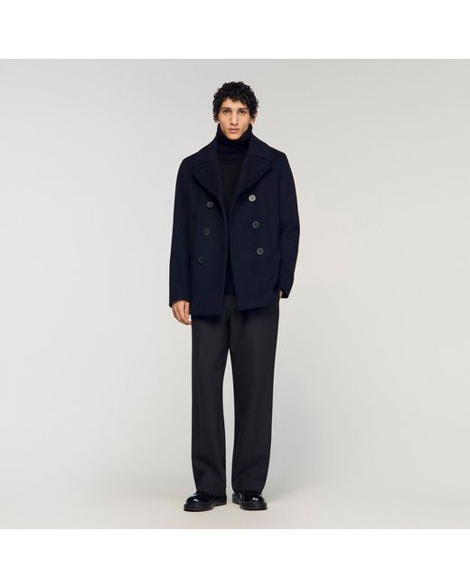 Sandro Blue Wool Pea Coat for men