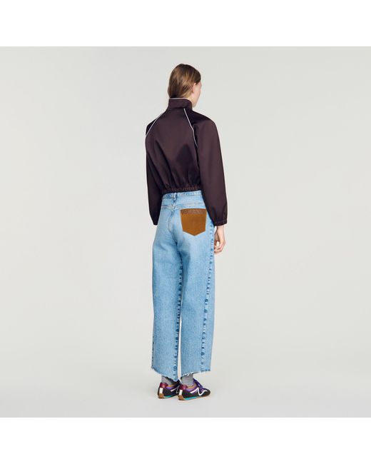 Sandro Blue Cropped Embroidered Satin Jacket