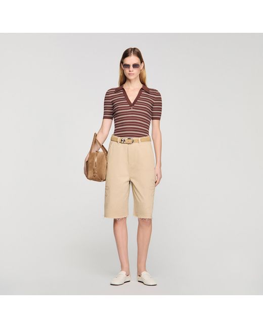 Sandro Natural Striped V-Neck Polo Jumper