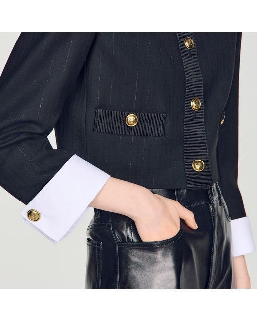 Sandro Blue Cropped Striped Wool Jacket
