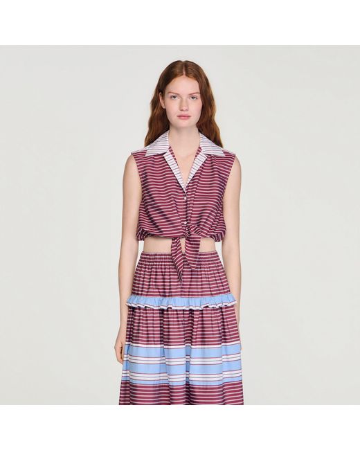 Sandro Red Cropped Striped Cotton Shirt
