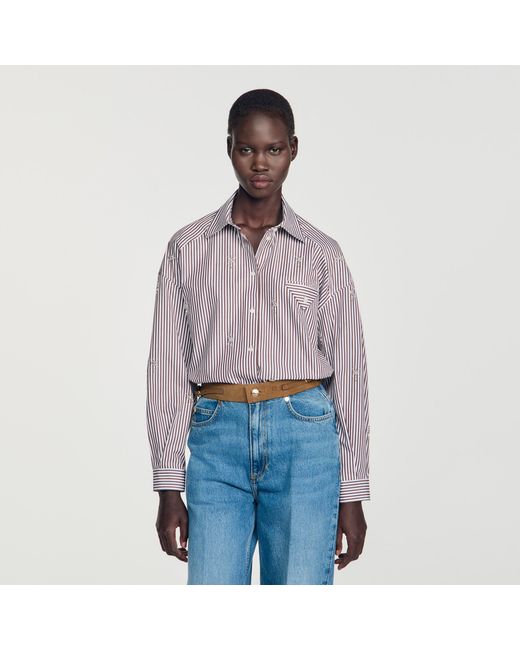 Sandro Blue Oversized Striped Rhinestone Shirt