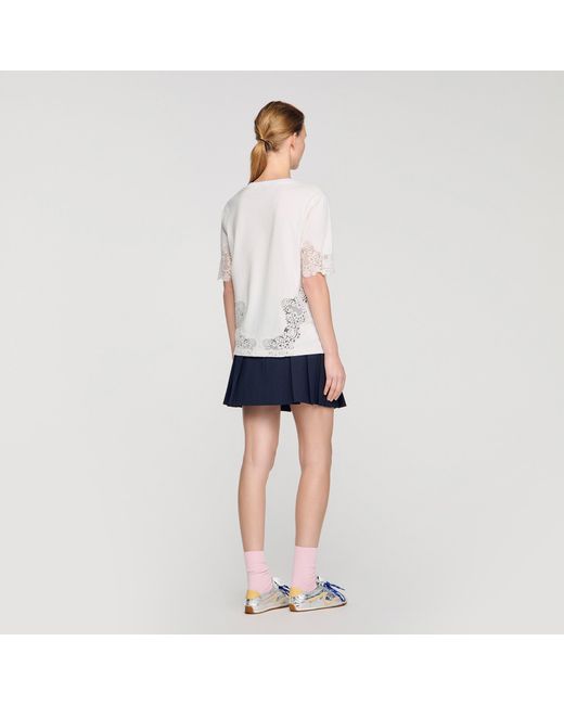 Sandro Blue Cotton T-Shirt With Lace Detail