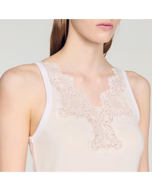 Sandro Blue Ribbed Vest Top With Lace