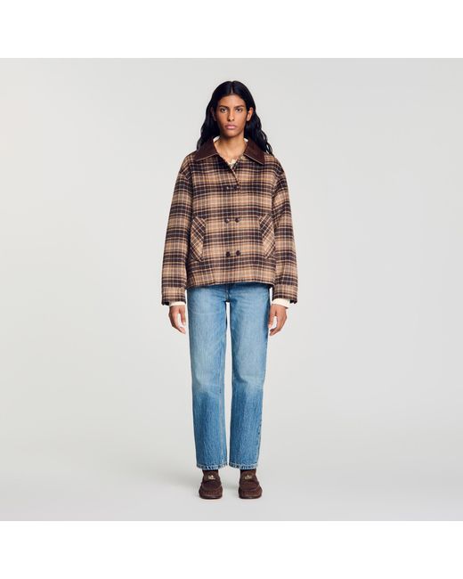 Sandro Blue Check Jacket With Leather Collar