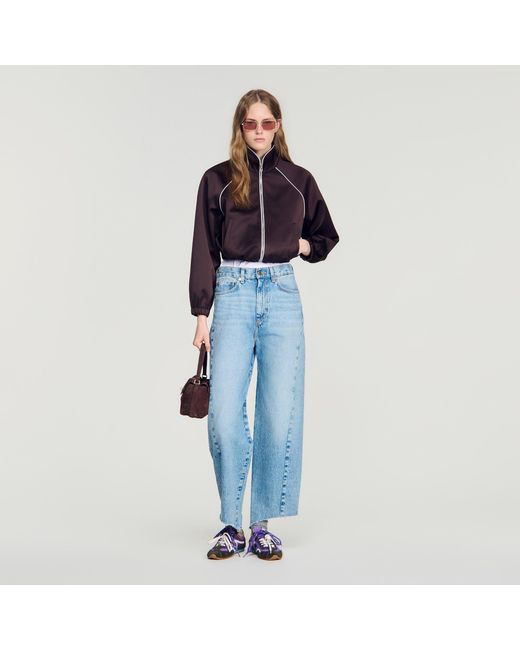 Sandro Blue Cropped Embroidered Satin Jacket