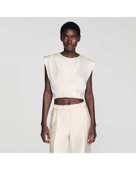 Sandro Natural Pleated Satin Crop Top